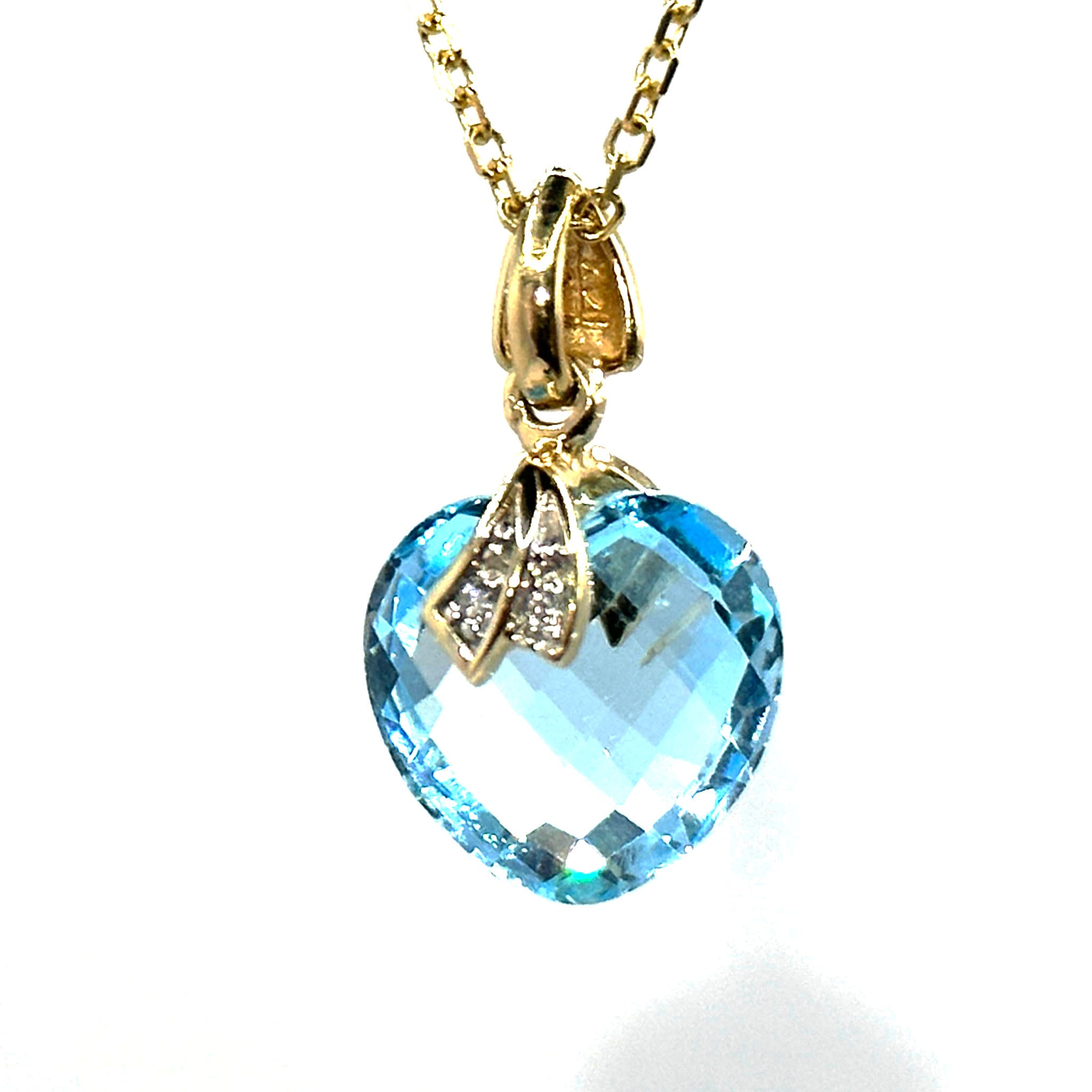 $2900 9.53Ct Heart Shape Blue Topaz and Diamond 14kt Yellow Gold Necklace - Esmeralda Jewels 