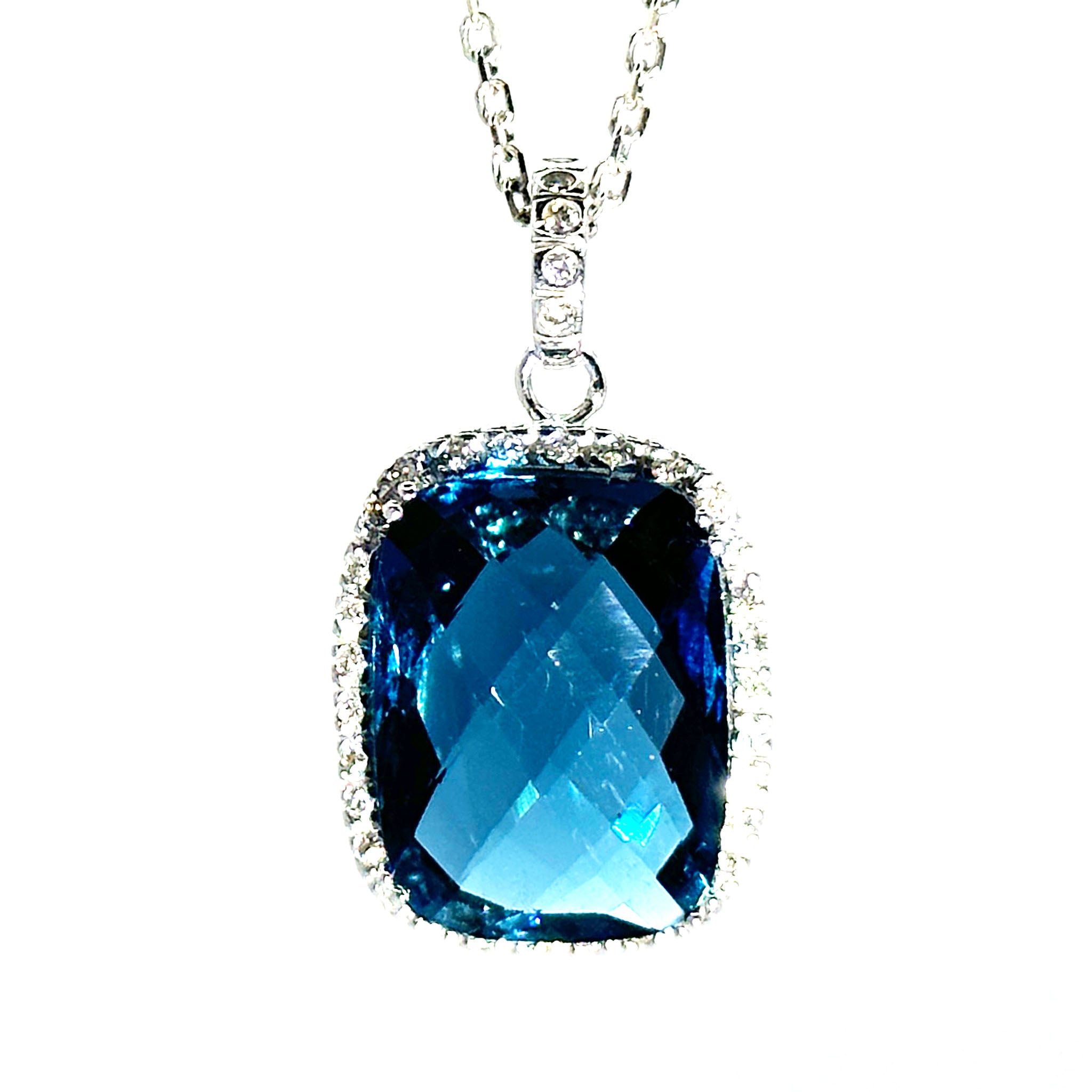 $4900 11.30Ct White Gold Cushion Blue Topaz and Diamond Necklace 14Kt - Esmeralda Jewels 