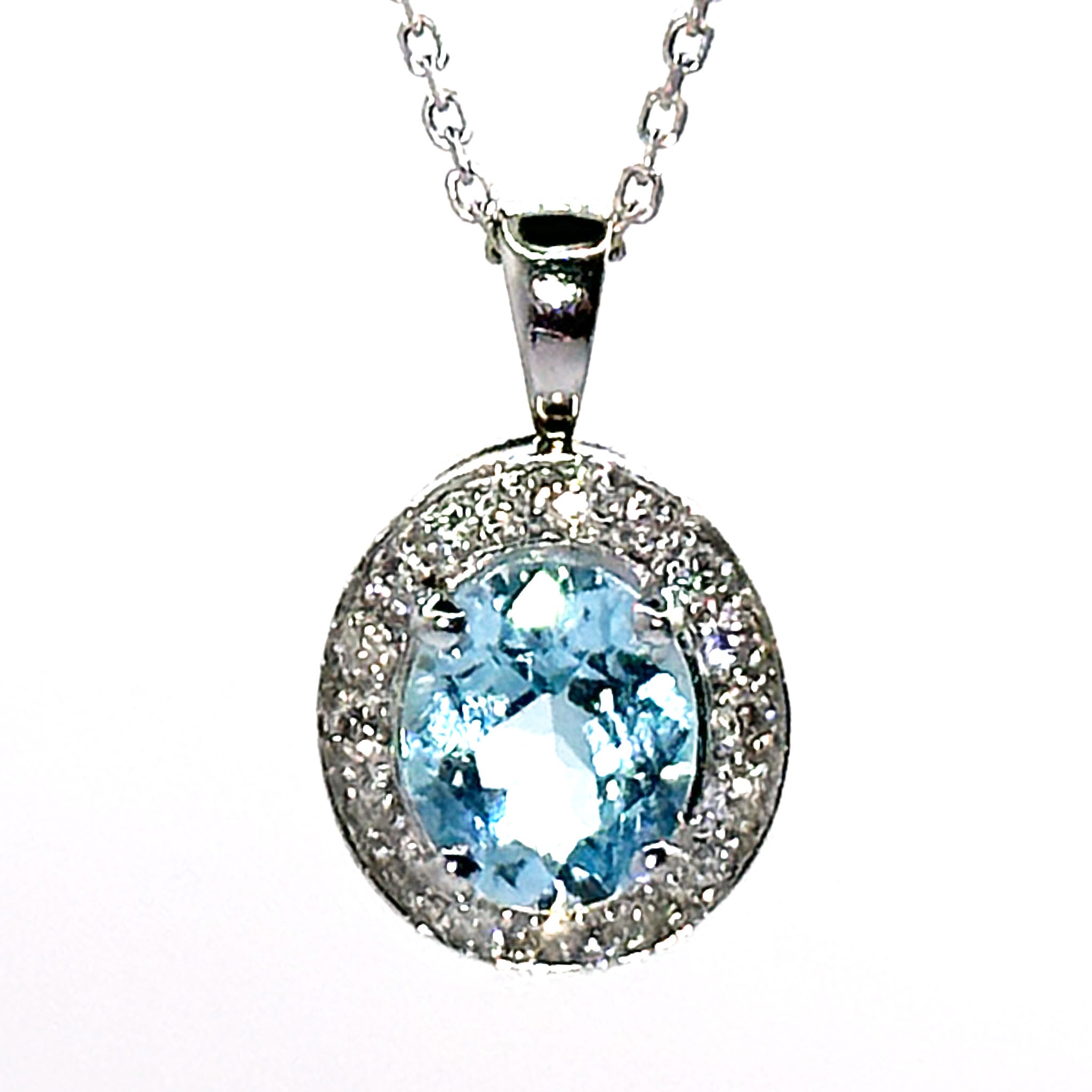 $4900 3.45Ct White Gold Oval Aquamarine and Diamond Necklace 14Kt - Esmeralda Jewels 