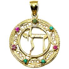 $850 14kt Yellow Gold Ruby and Turquoise Chai Hai Pendant