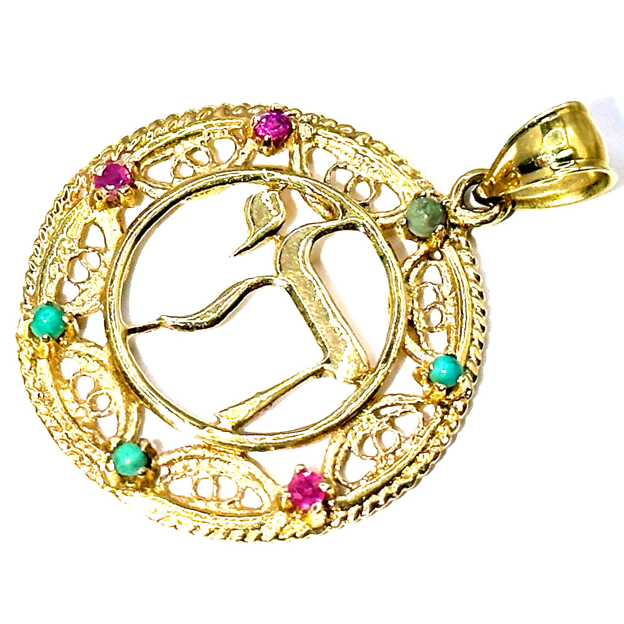 $850 14kt Yellow Gold Ruby and Turquoise Chai Hai Pendant