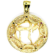 $850 14kt Yellow Gold Ruby and Turquoise Chai Hai Pendant