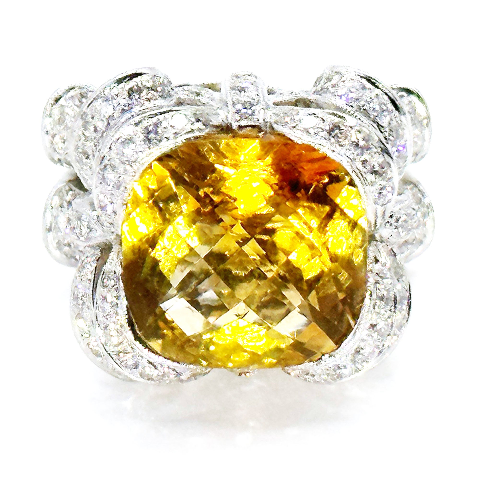 $8900 11.93Ct White Gold Citrine and Pave Diamond Cocktail Ring 18Kt