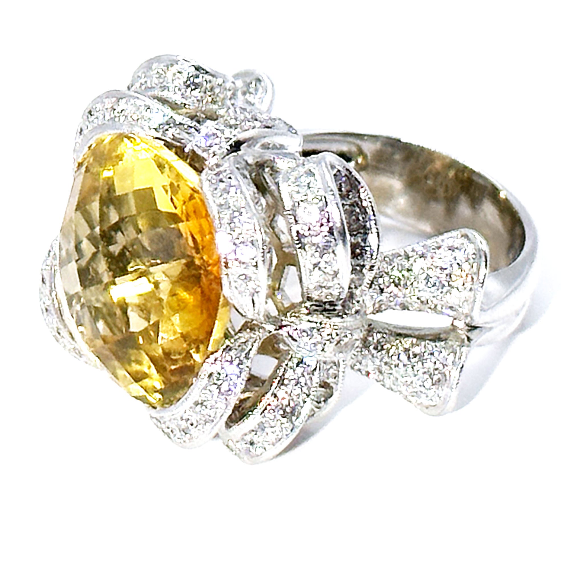 $8900 11.93Ct White Gold Citrine and Pave Diamond Cocktail Ring 18Kt