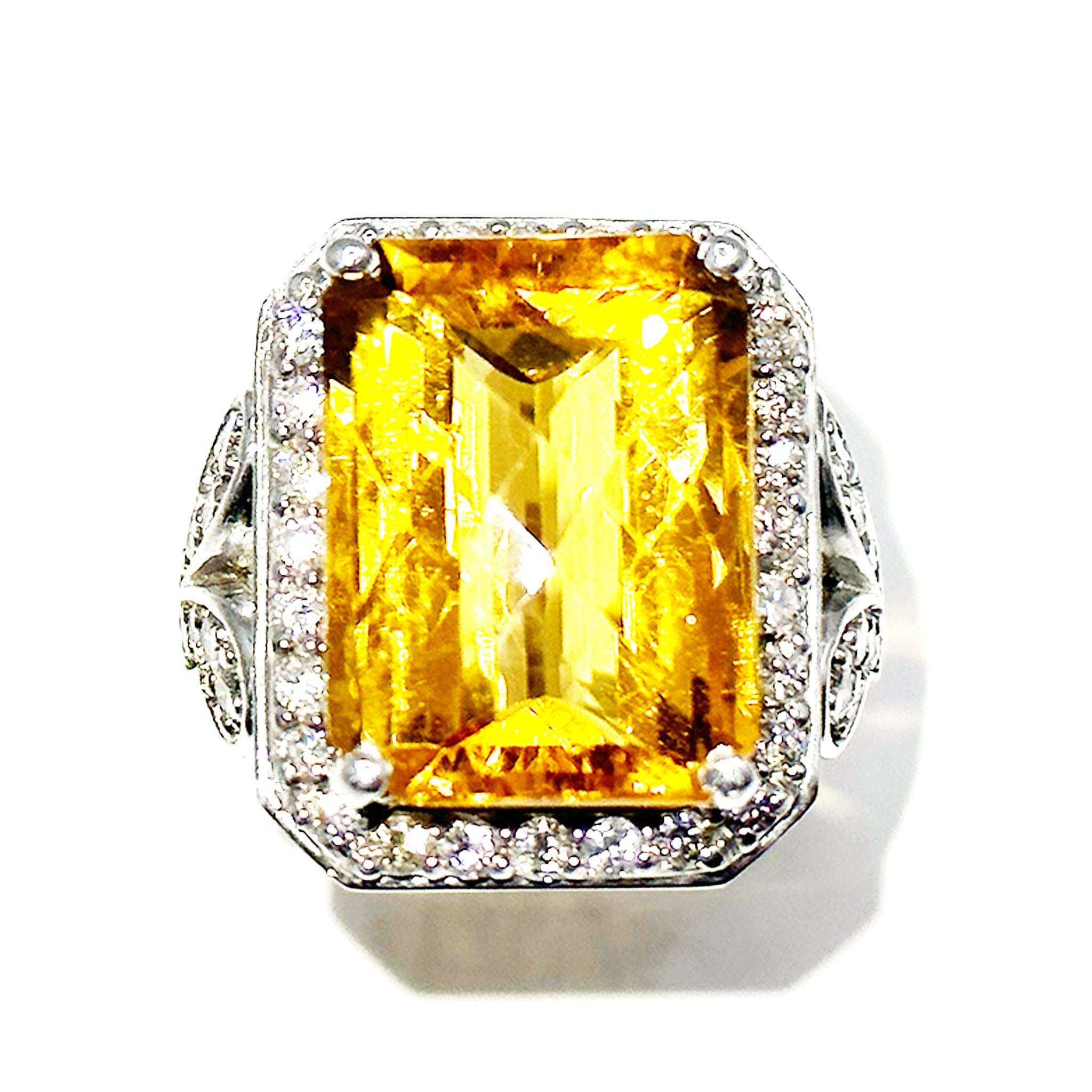 $9900 21.50Ct White Gold Multifaceted Citrine and Diamond Cocktail Ring 14Kt