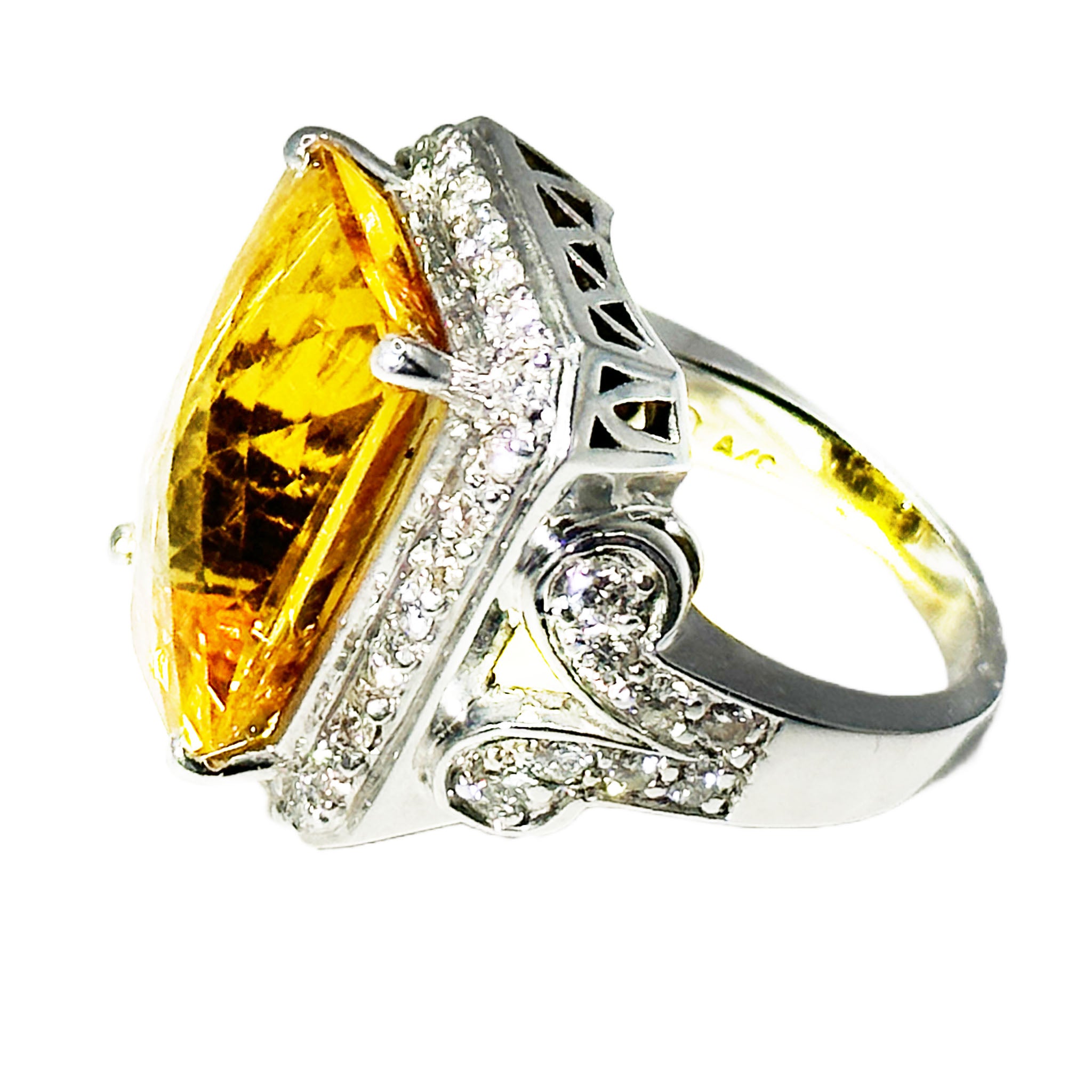 $9900 21.50Ct White Gold Multifaceted Citrine and Diamond Cocktail Ring 14Kt