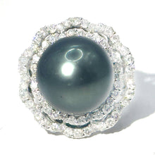 $9500 1.70Ct White Gold Black Pearl and Diamond Cluster Ring 18Kt