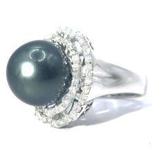 $9500 1.70Ct White Gold Black Pearl and Diamond Cluster Ring 18Kt