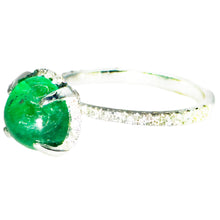 $5800 3.30Ct White Gold Emerald Cabochon and Diamond Antique Design Ring 18Kt