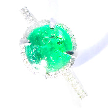 $5800 3.30Ct White Gold Emerald Cabochon and Diamond Antique Design Ring 18Kt