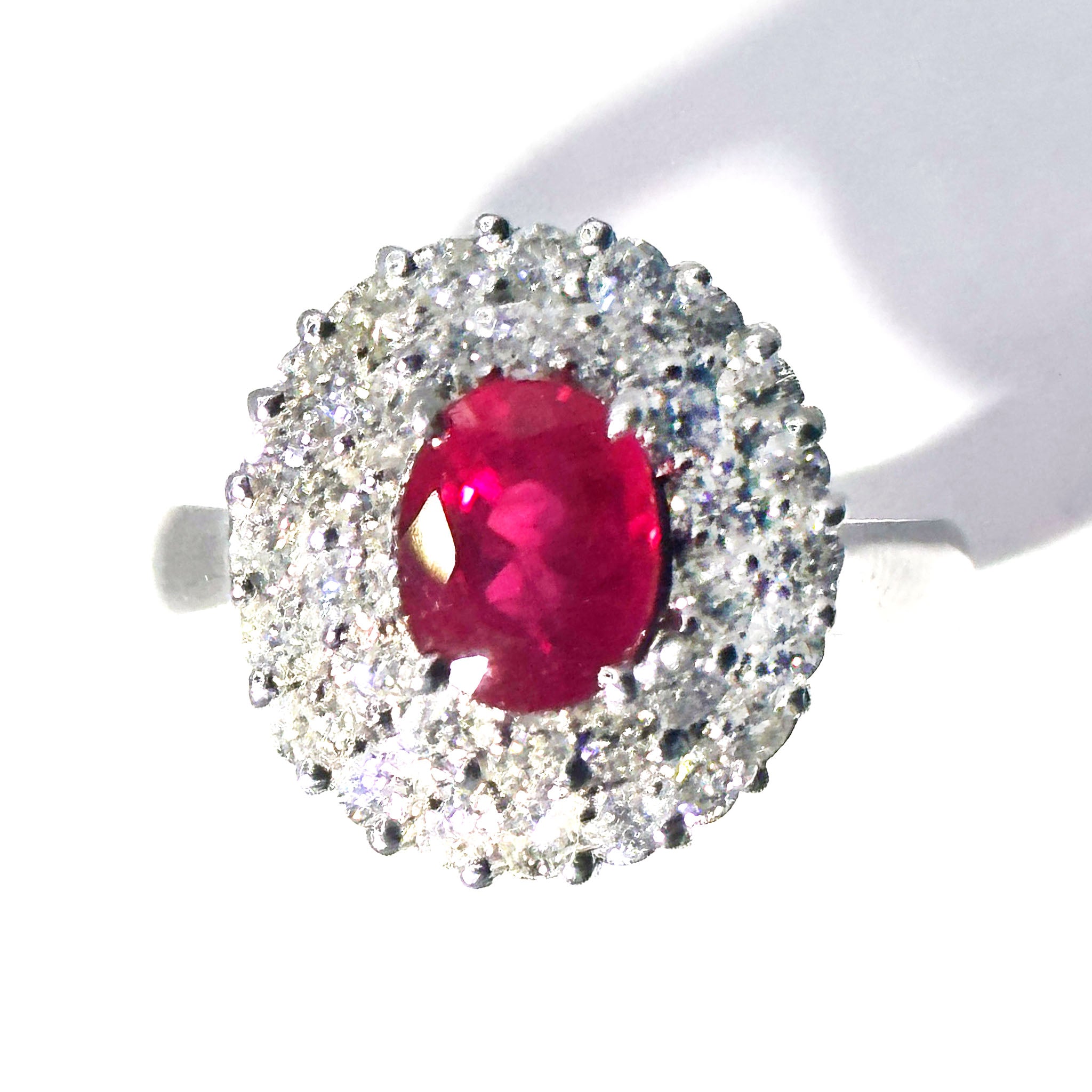 $9500 2.92Ct White Gold Ruby and Two Row Diamonds Fashion Cocktail Ring 14Kt