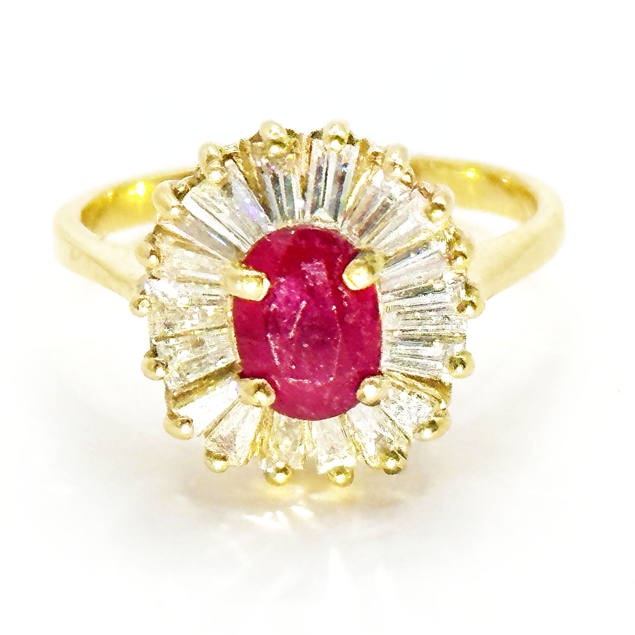 $5900 1.99Ct Yellow Gold Baguette Diamond and Ruby Cocktail Ring 14Kt