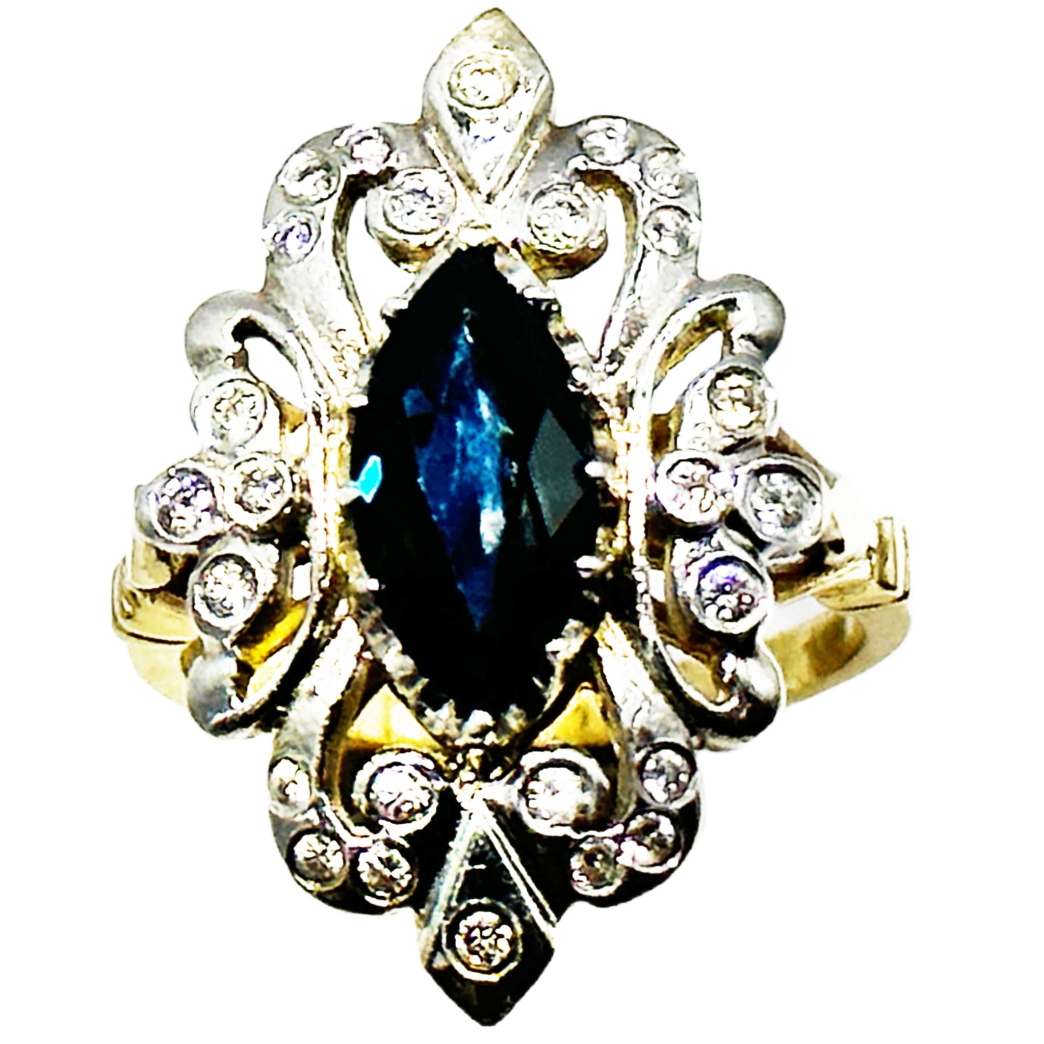 $4900 1.82Ct Marque Sapphire and Diamond Russian Style Vintage Ladies Ring 14Kt