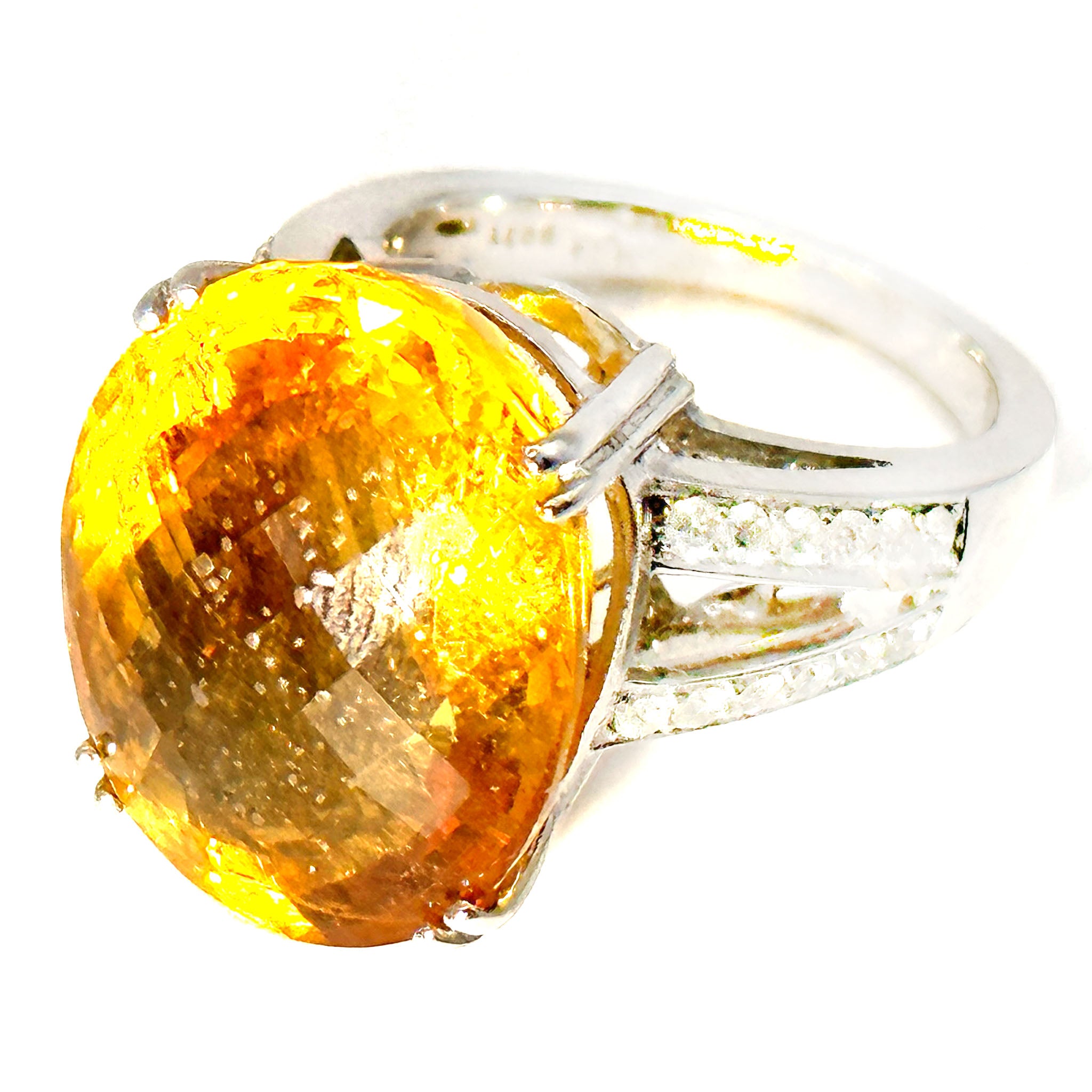 $7900 22.60 Ct White Gold Citrine and Diamond Cocktail Ring 14Kt