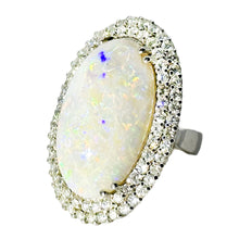 $12500 27Ct White Gold Oval Opal and Two Row Diamonds Cocktail Ring 14Kt