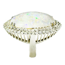 $12500 27Ct White Gold Oval Opal and Two Row Diamonds Cocktail Ring 14Kt