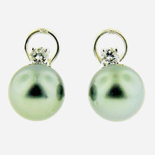 $8900  14 MM  ROUND BLACK SOUTH SEA PEARL & DIAMOND EARRINGS 14 KT