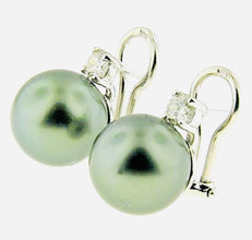 $8900  14 MM  ROUND BLACK SOUTH SEA PEARL & DIAMOND EARRINGS 14 KT