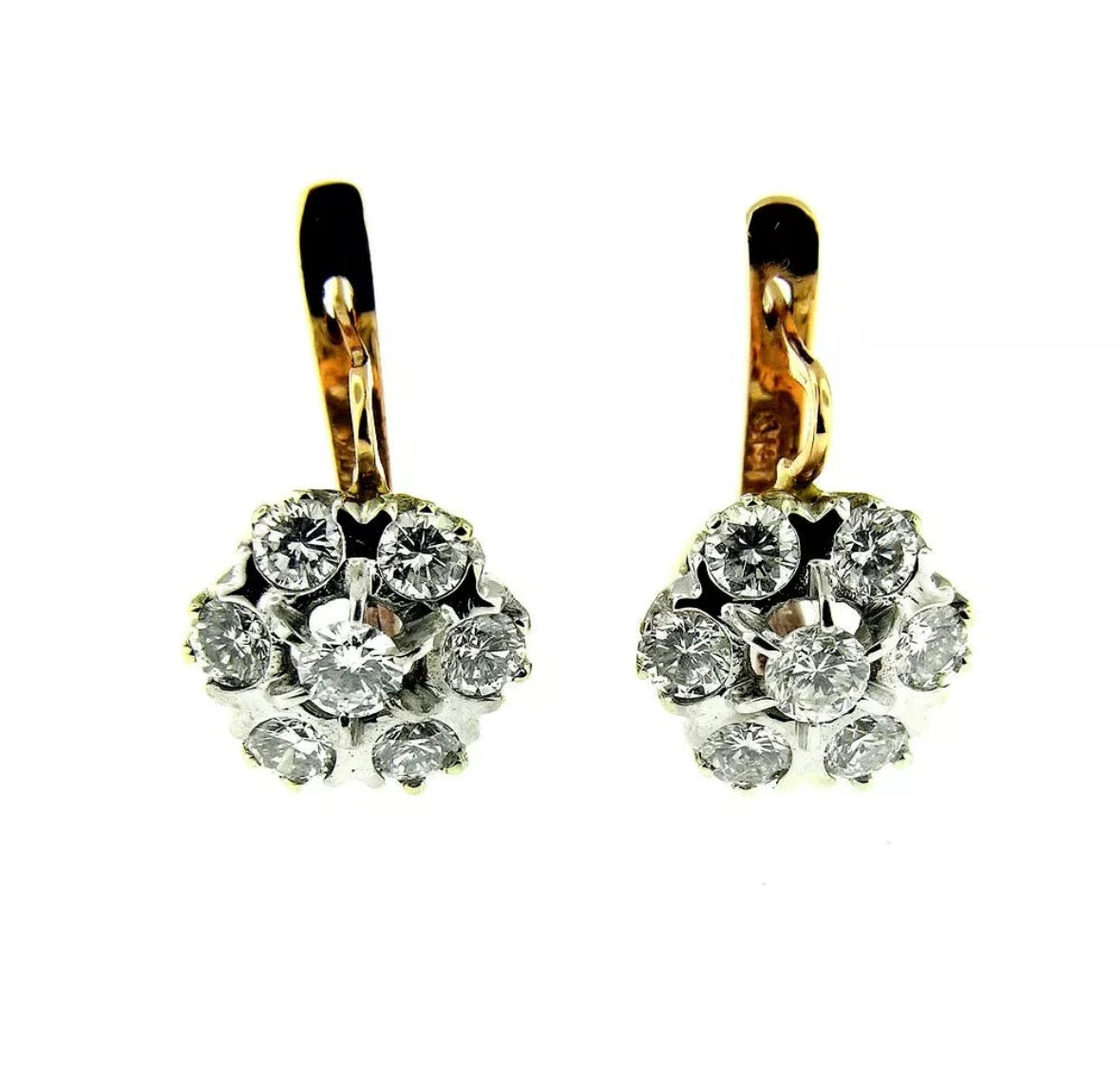 $12.500  3.10 Ct Rose Gold Diamond Russian Style Cluster Hanging Earrings 14Kt