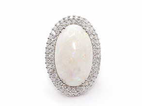 18.77Ct Natural White Opal Diamond Double Halo Cocktail Ring 14K White Gold