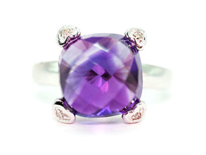 7.02 Ct White Gold and Cushion Cut Amethyst and Natural Diamond Ring 14Kt