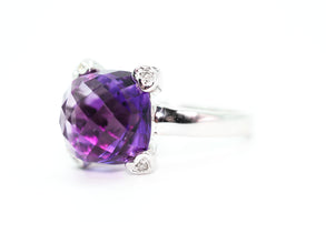 7.02 Ct White Gold and Cushion Cut Amethyst and Natural Diamond Ring 14Kt