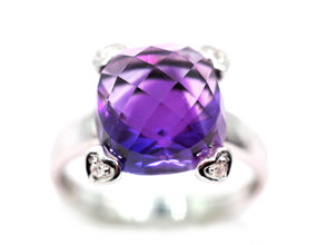 7.02 Ct White Gold and Cushion Cut Amethyst and Natural Diamond Ring 14Kt