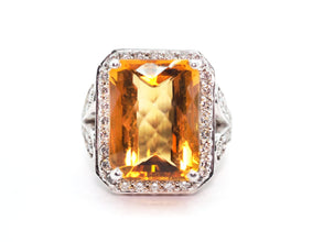 21.10Ct White Gold Natural Multifaceted Citrine and Diamond Cocktail Ring 14Kt