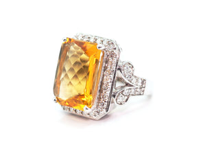 21.10Ct White Gold Natural Multifaceted Citrine and Diamond Cocktail Ring 14Kt