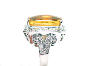 21.10Ct White Gold Natural Multifaceted Citrine and Diamond Cocktail Ring 14Kt