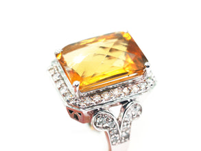 21.10Ct White Gold Natural Multifaceted Citrine and Diamond Cocktail Ring 14Kt