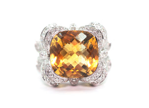 11.93Ct White Gold Natural Citrine and Pave Diamond Cocktail Ring 18Kt