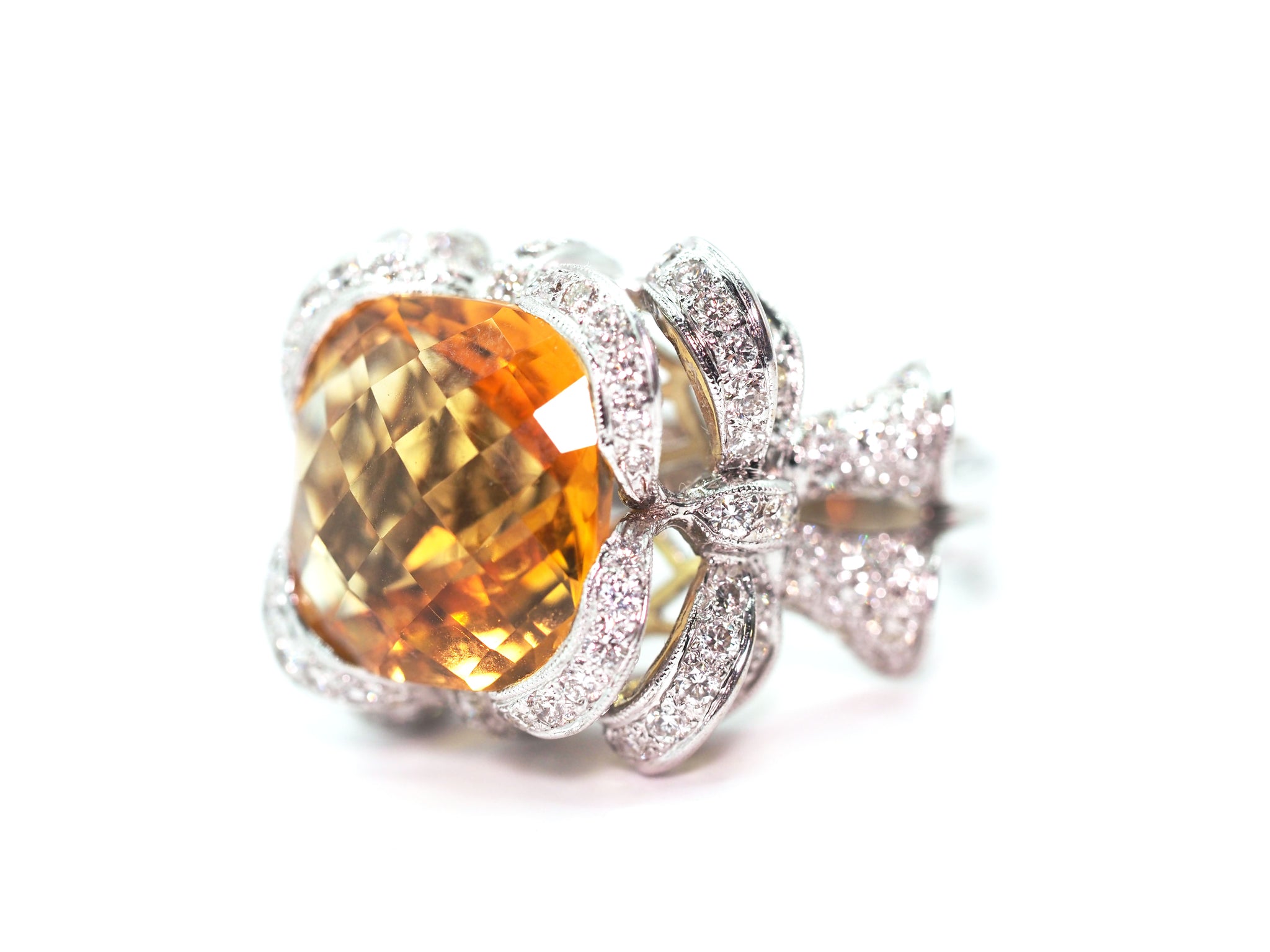 11.93Ct White Gold Natural Citrine and Pave Diamond Cocktail Ring 18Kt