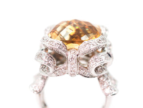 11.93Ct White Gold Natural Citrine and Pave Diamond Cocktail Ring 18Kt