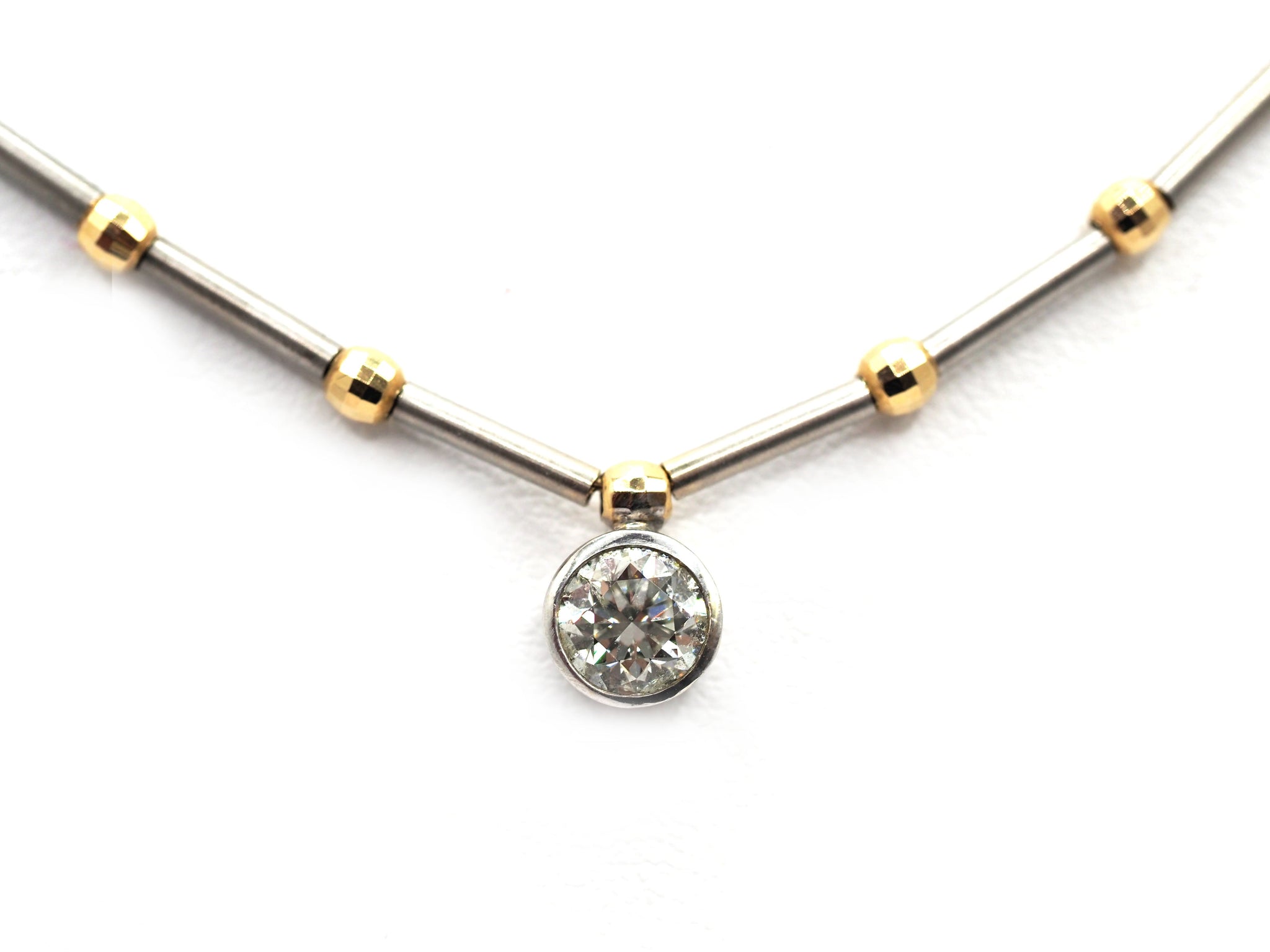 0.72 Ct Yellow  and White Gold Natural Diamond Solitaire Bezel Necklace 14 KT