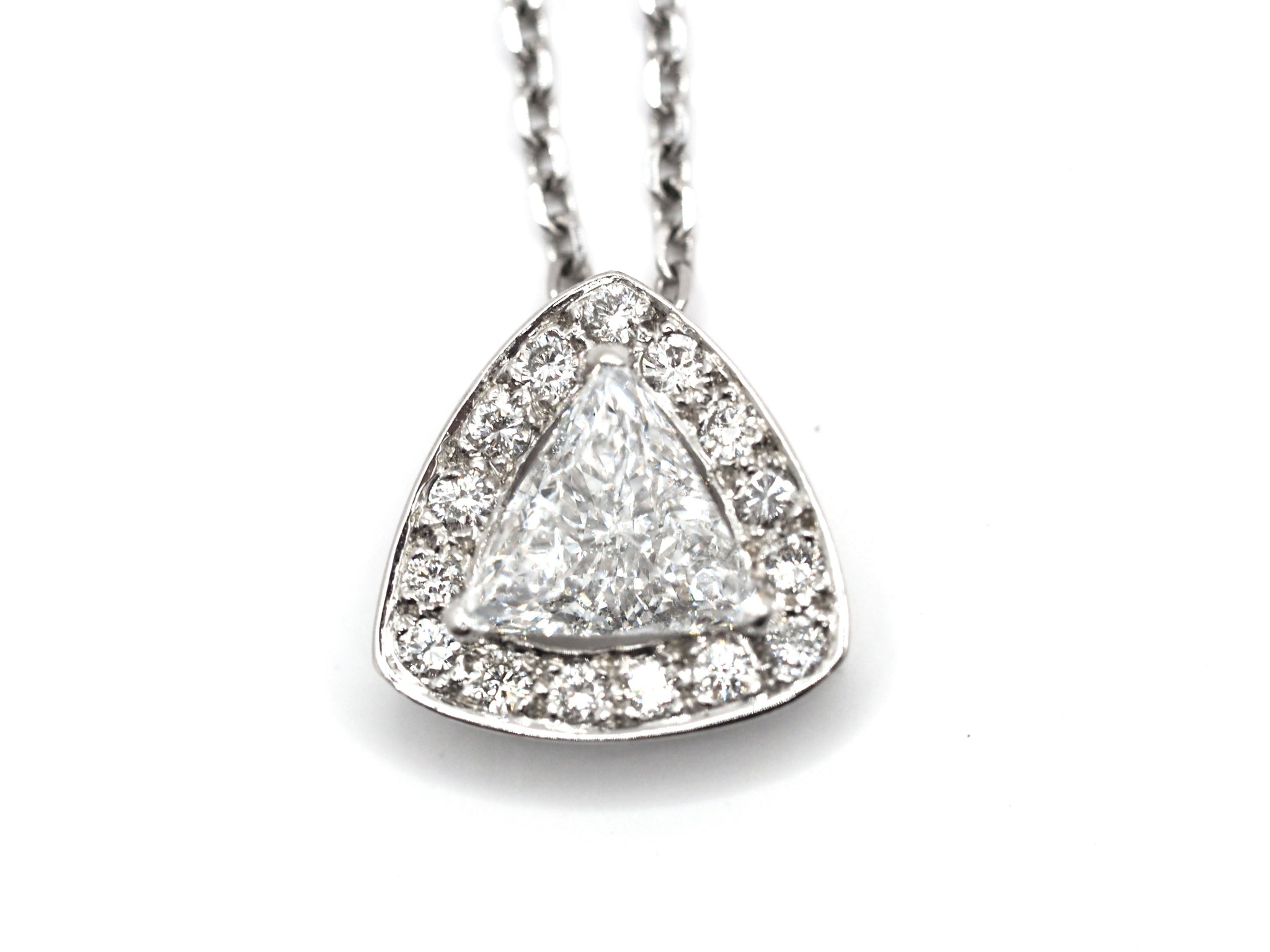 1.11 Ct White Gold Trillion Cut Diamond Triangle Halo Necklace Pendant 14 Kt