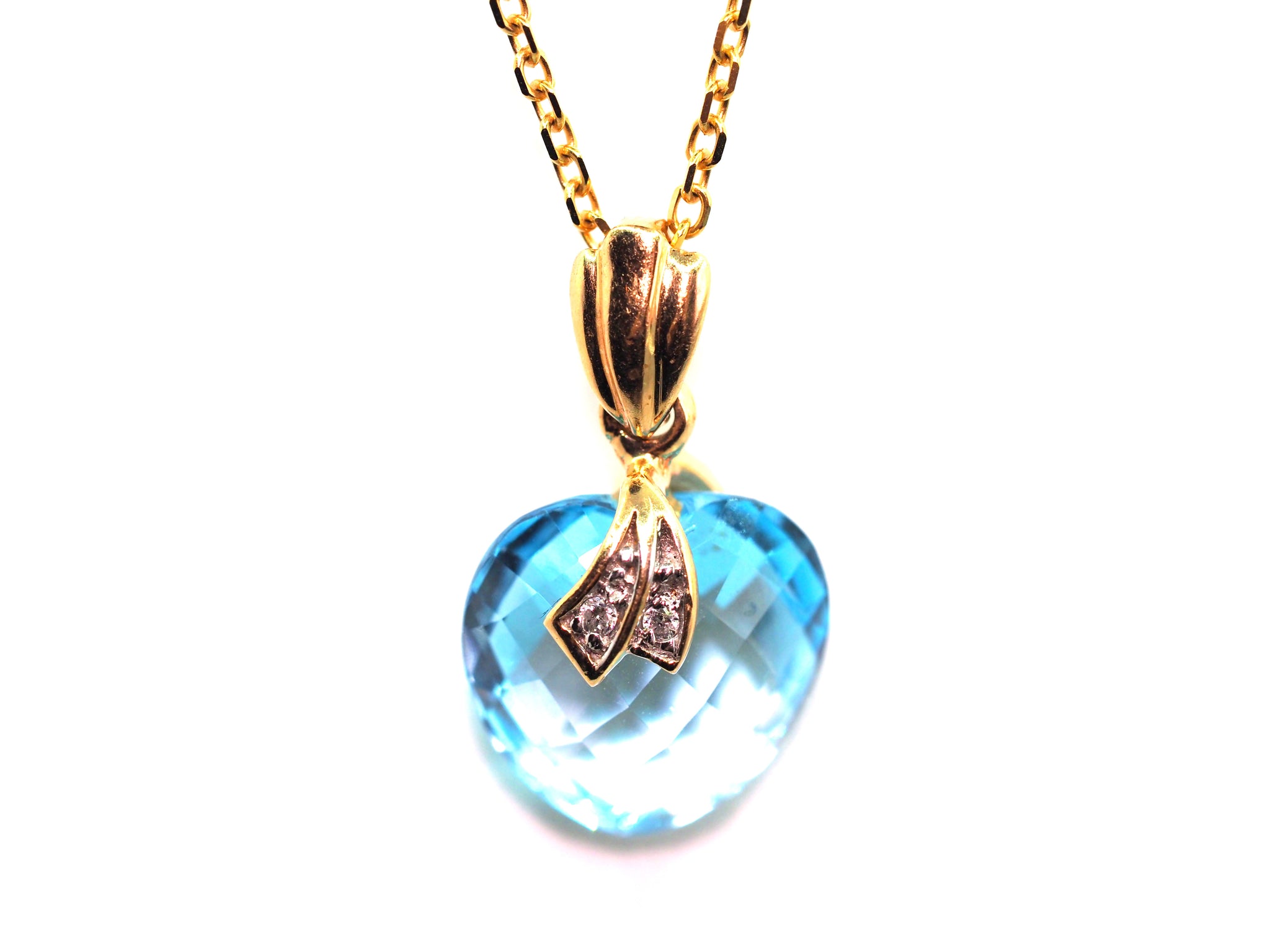 9.53ct Heart Shape Blue Topaz and Diamond 14kt Yellow Gold Necklace