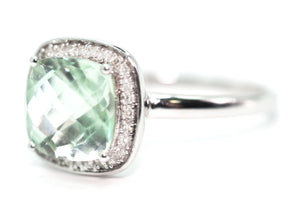 3.50 Ct White Gold Cushion Cut Green Amethyst and Natural Diamond Ring 14K