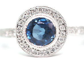 0.97Ct White Gold Bezel Halo Ceylon Sapphire and Natural Diamond Ring 14Kt