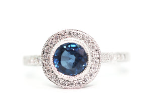 0.97Ct White Gold Bezel Halo Ceylon Sapphire and Natural Diamond Ring 14Kt