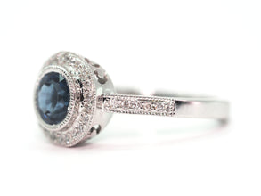 0.97Ct White Gold Bezel Halo Ceylon Sapphire and Natural Diamond Ring 14Kt