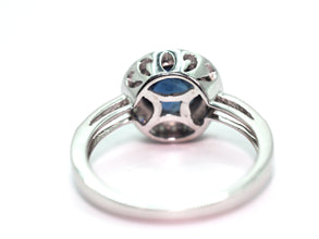 0.97Ct White Gold Bezel Halo Ceylon Sapphire and Natural Diamond Ring 14Kt