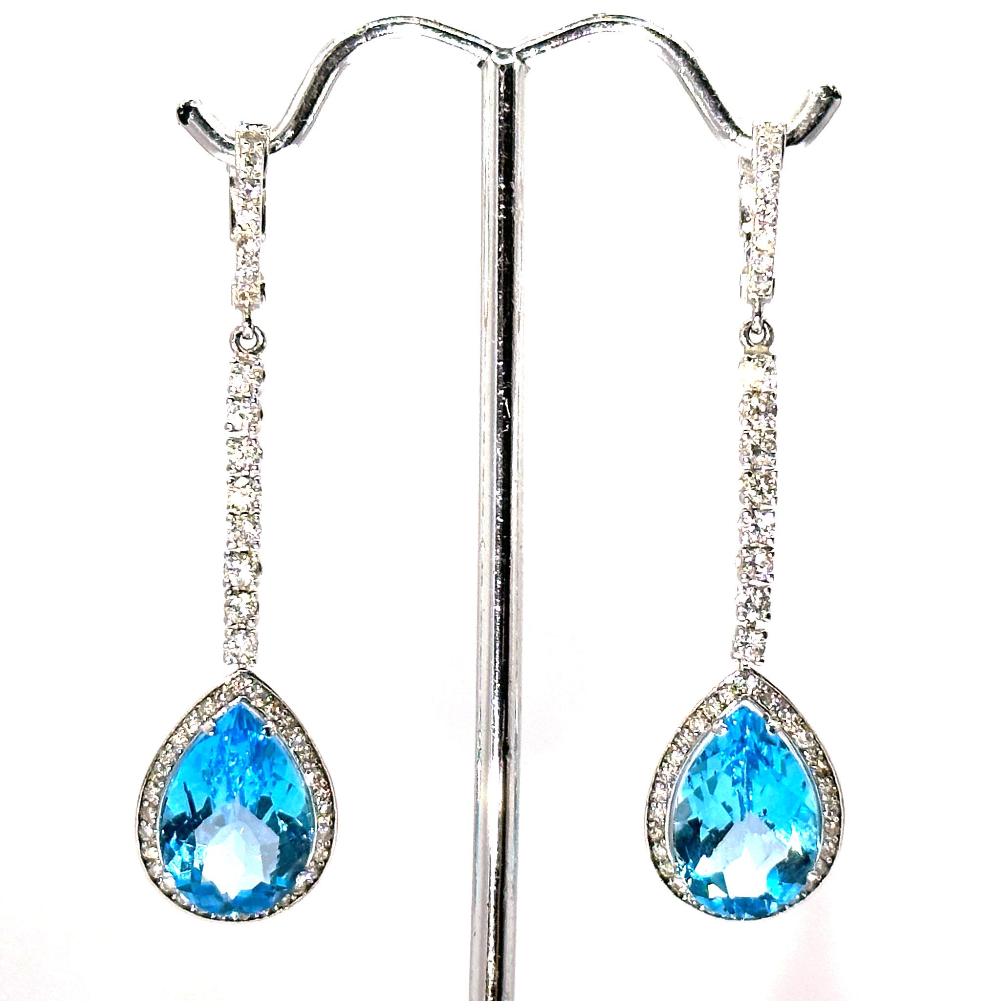 $7800 14.00 Ct White Gold Women's Hanging Blue Topaz and Diamond Earrings 14 Kt - Esmeralda Jewels 