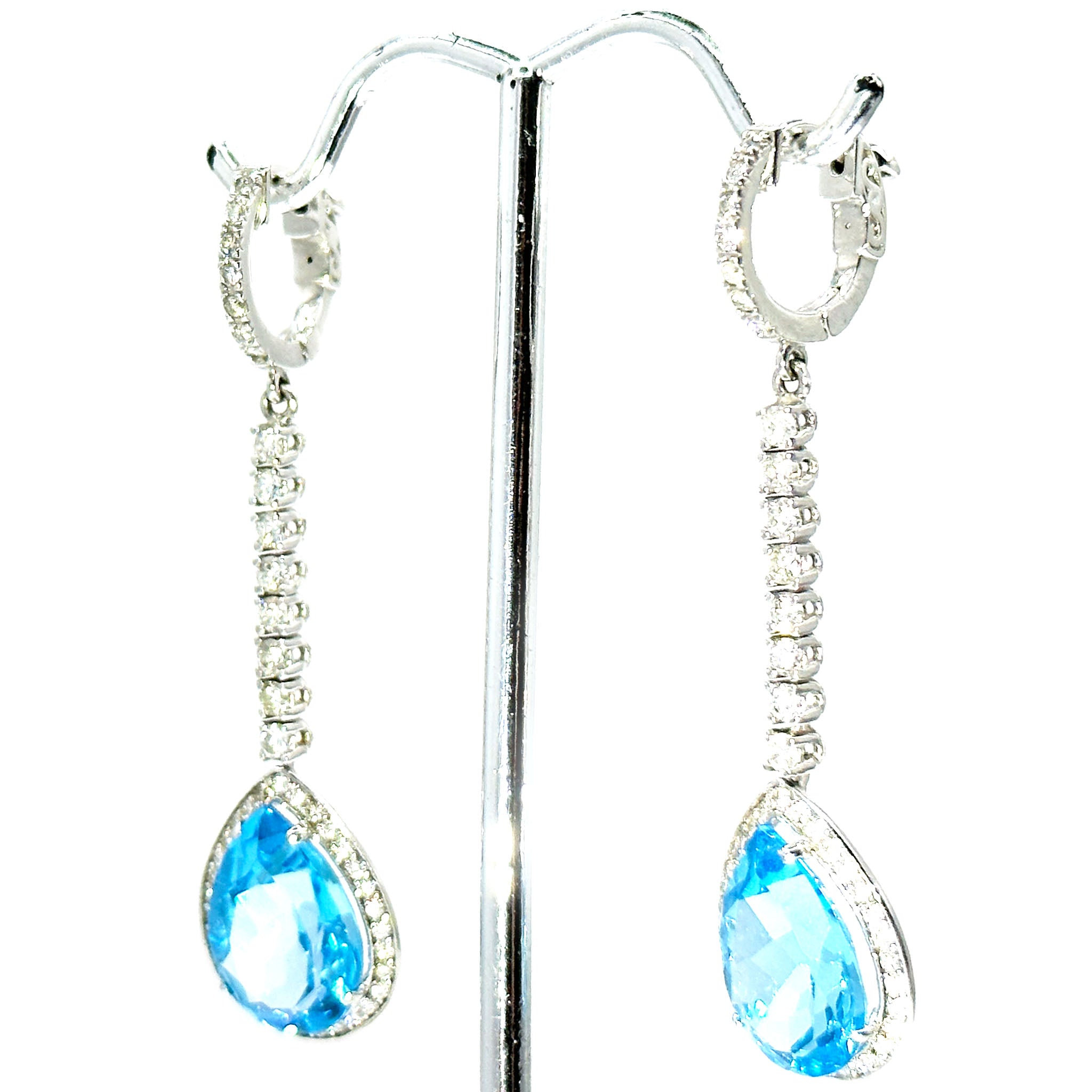 $7800 14.00 Ct White Gold Women's Hanging Blue Topaz and Diamond Earrings 14 Kt - Esmeralda Jewels 