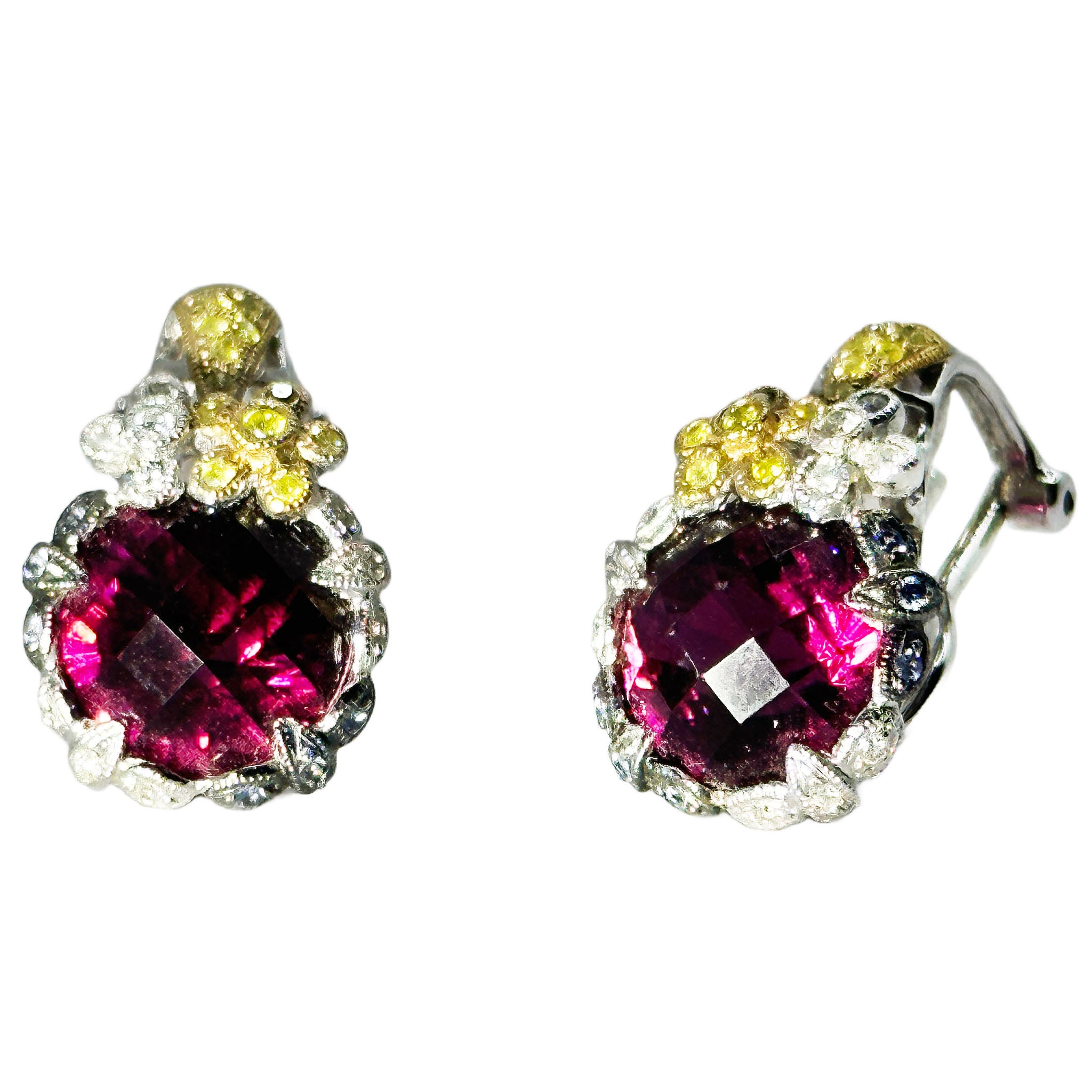 $4500 11.05Ct Antique Style Garnet Diamond and Sapphire Earrings 18Kt - Esmeralda Jewels 