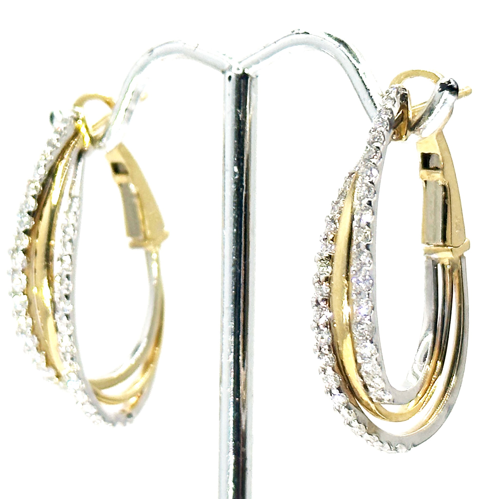 $4900 2.00Ct Fancy Three Row Two-Tone Diamond Hoop Earrings 14Kt F VS2 - Esmeralda Jewels 