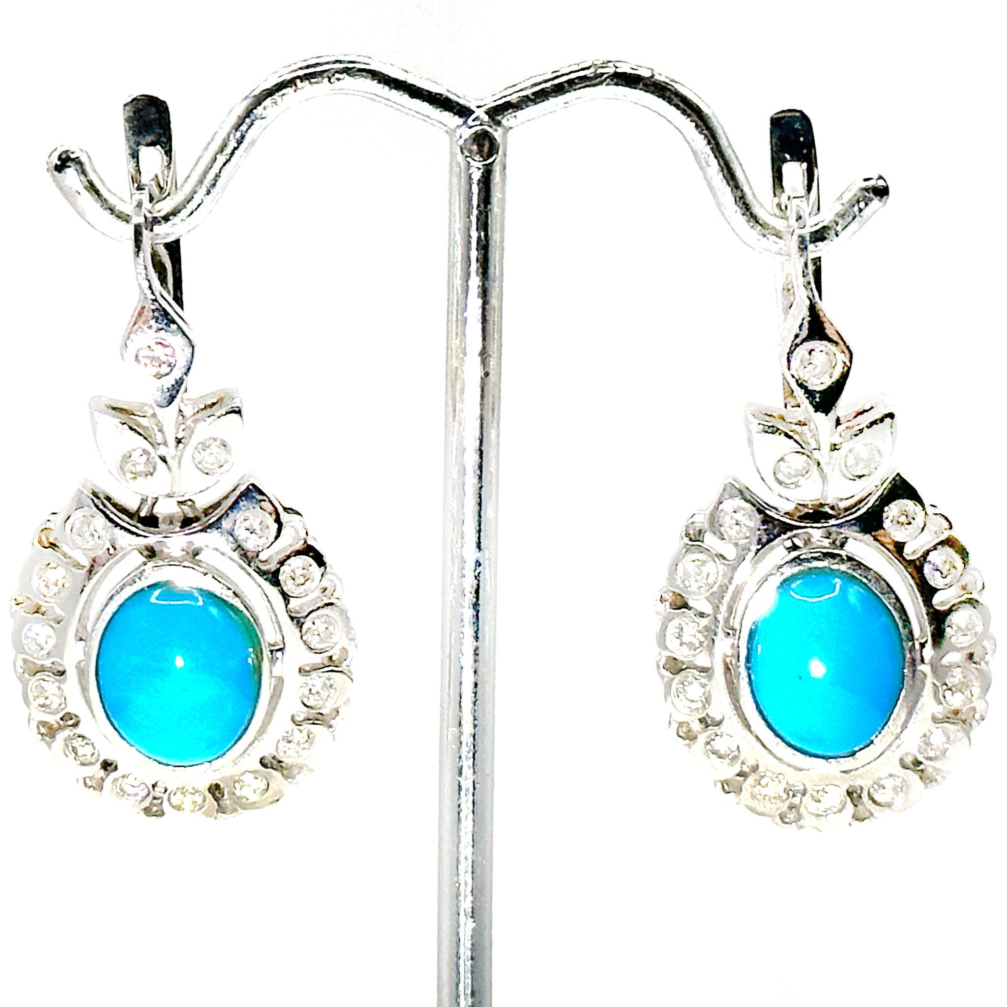$7900 9Ct White Gold Russian Style Turquoise and Diamond Earrings 14Kt - Esmeralda Jewels 