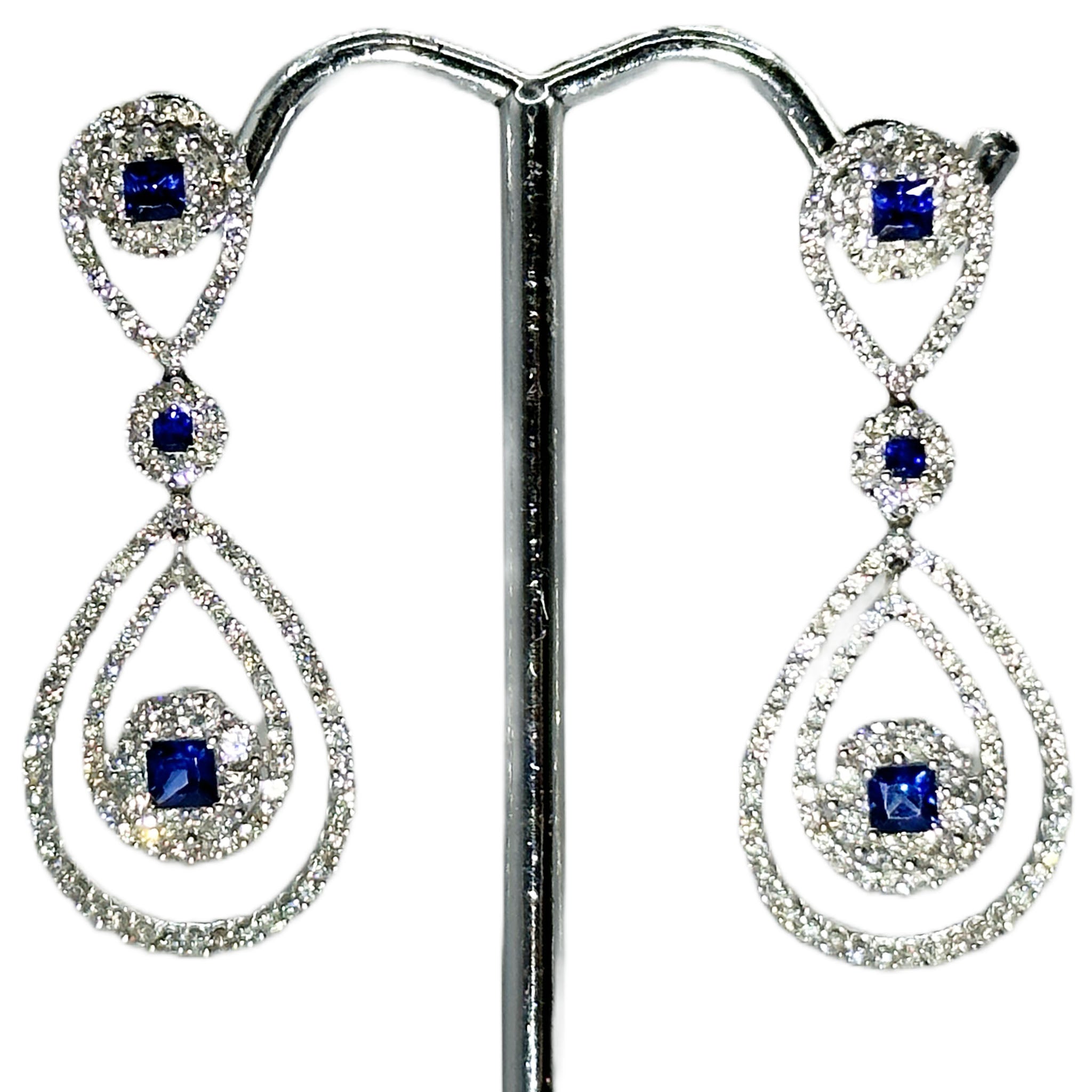 $8900 3.35Ct White Gold Sapphire and Diamond Hanging Earrings 18Kt - Esmeralda Jewels 