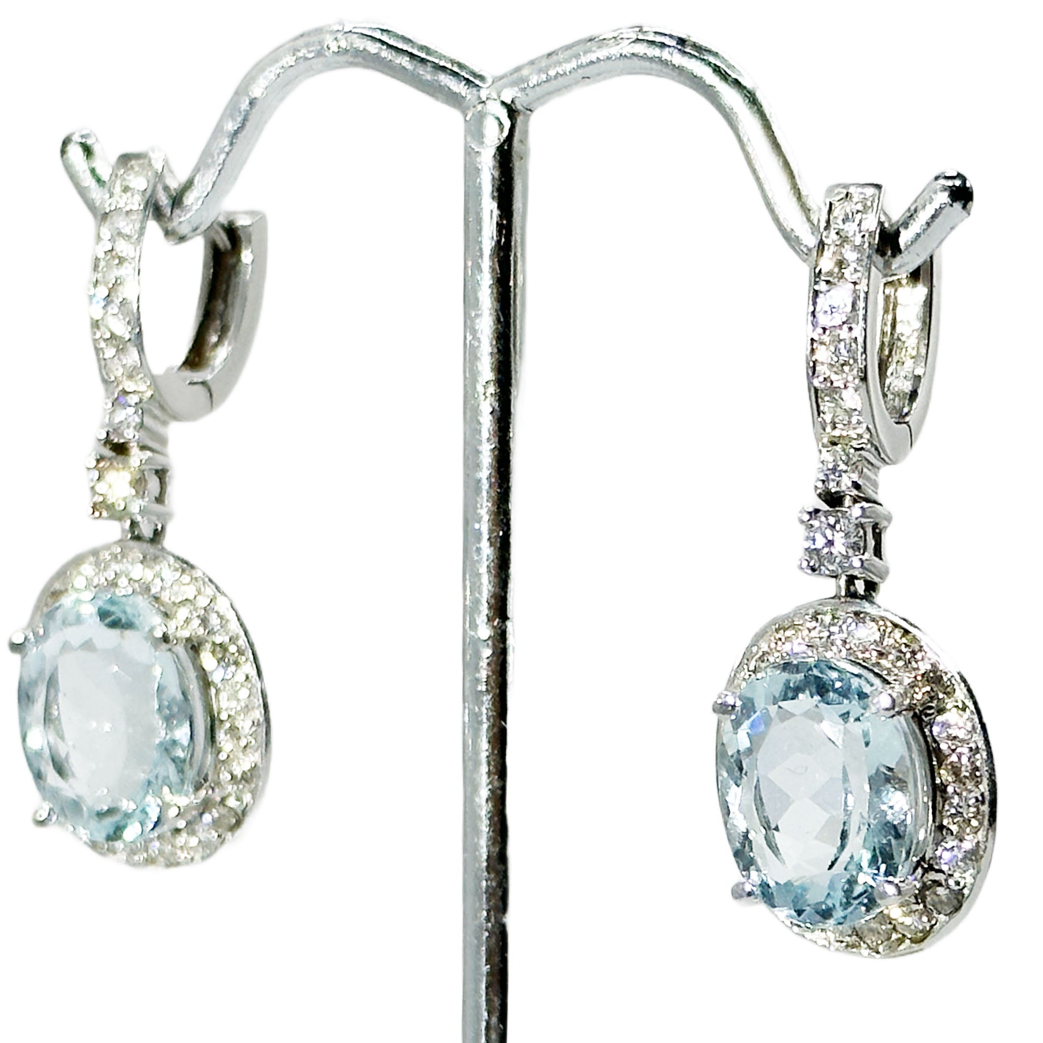 $7900 8.75Ct White Gold Aquamarine & Diamond Hanging Drop Earrings 14Kt - Esmeralda Jewels 