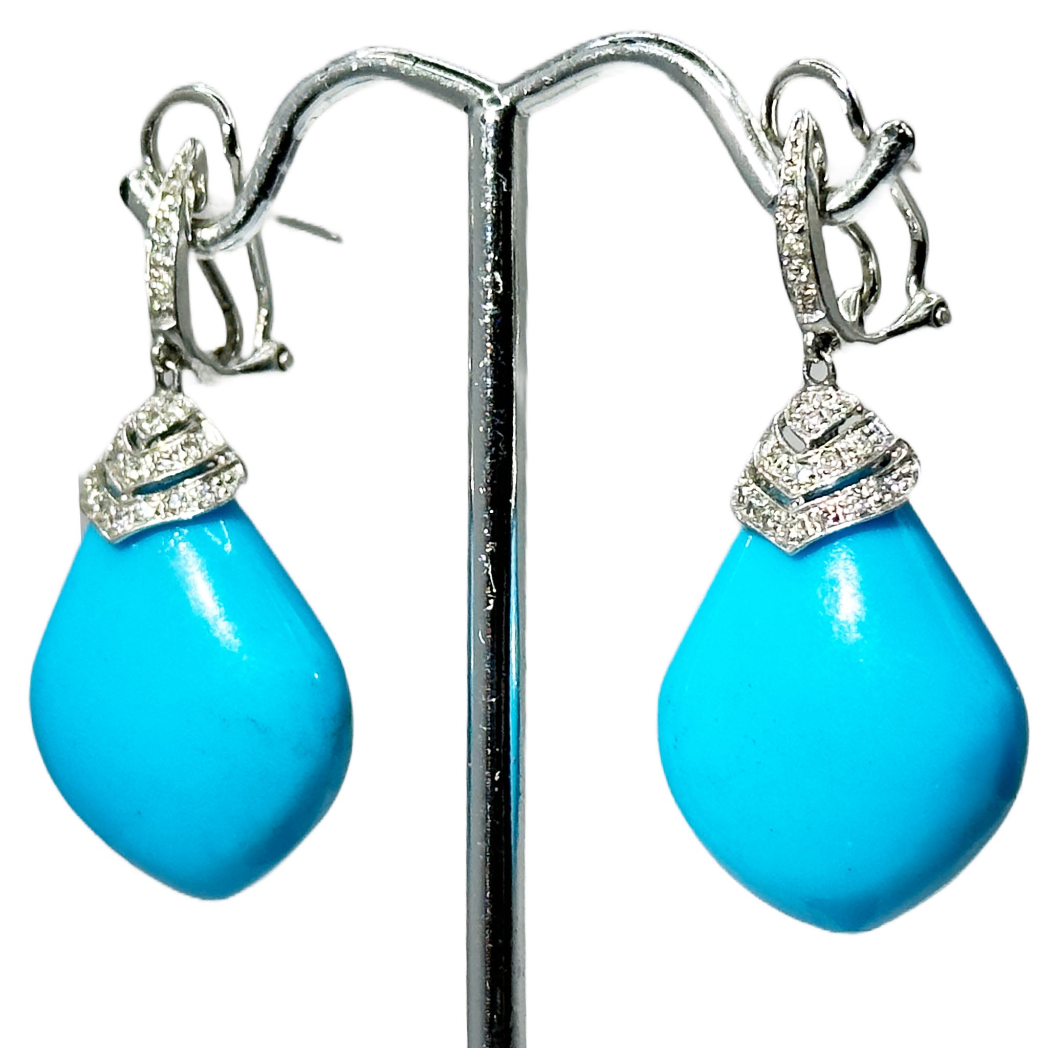 $5900 30.50Ct White Gold Turquoise and Diamond Drop Hanging Earrings 14Kt - Esmeralda Jewels 